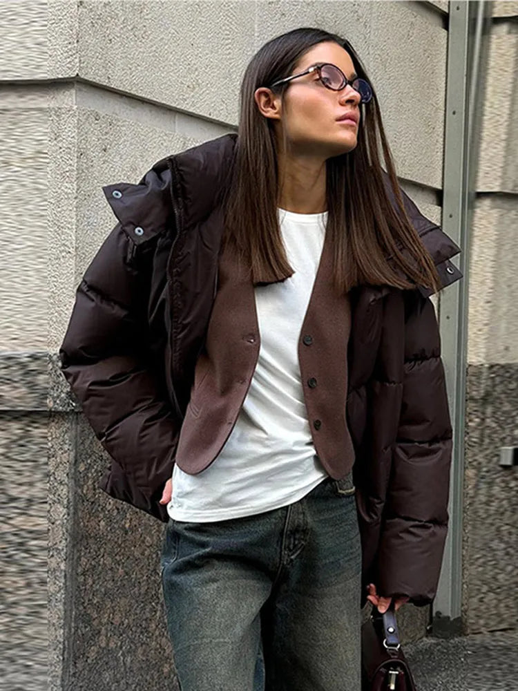 WW | Warme Lange Damen Winterjacke aus Baumwolle mit Kapuze und Stehkragen