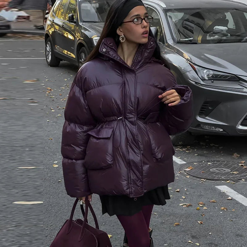 WW | Warme Lange Damen Winterjacke aus Baumwolle mit Kapuze und Stehkragen