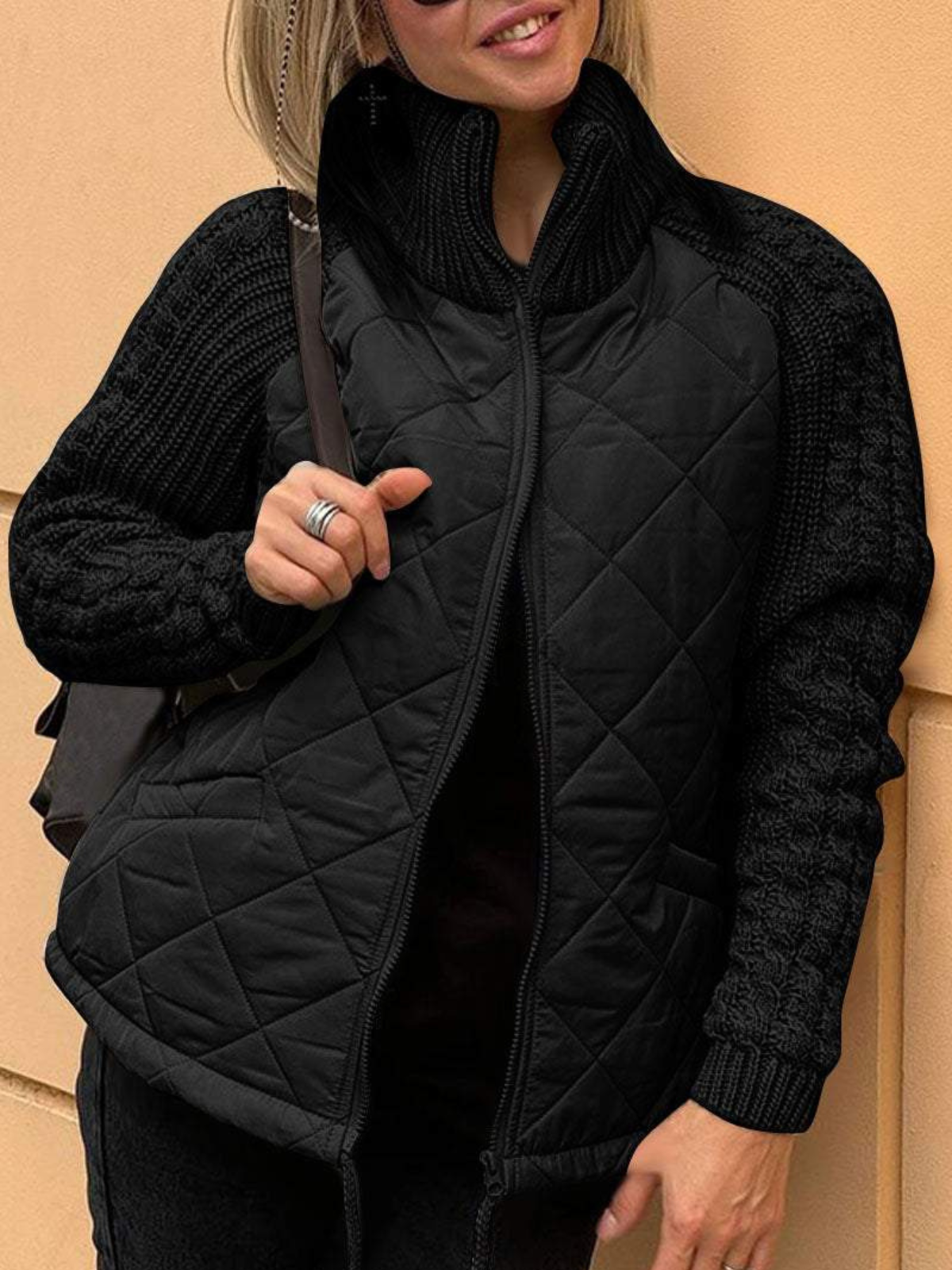 WW | Damen Strick-Winterjacke mit Reißverschluss und gestepptem Vorderteil
