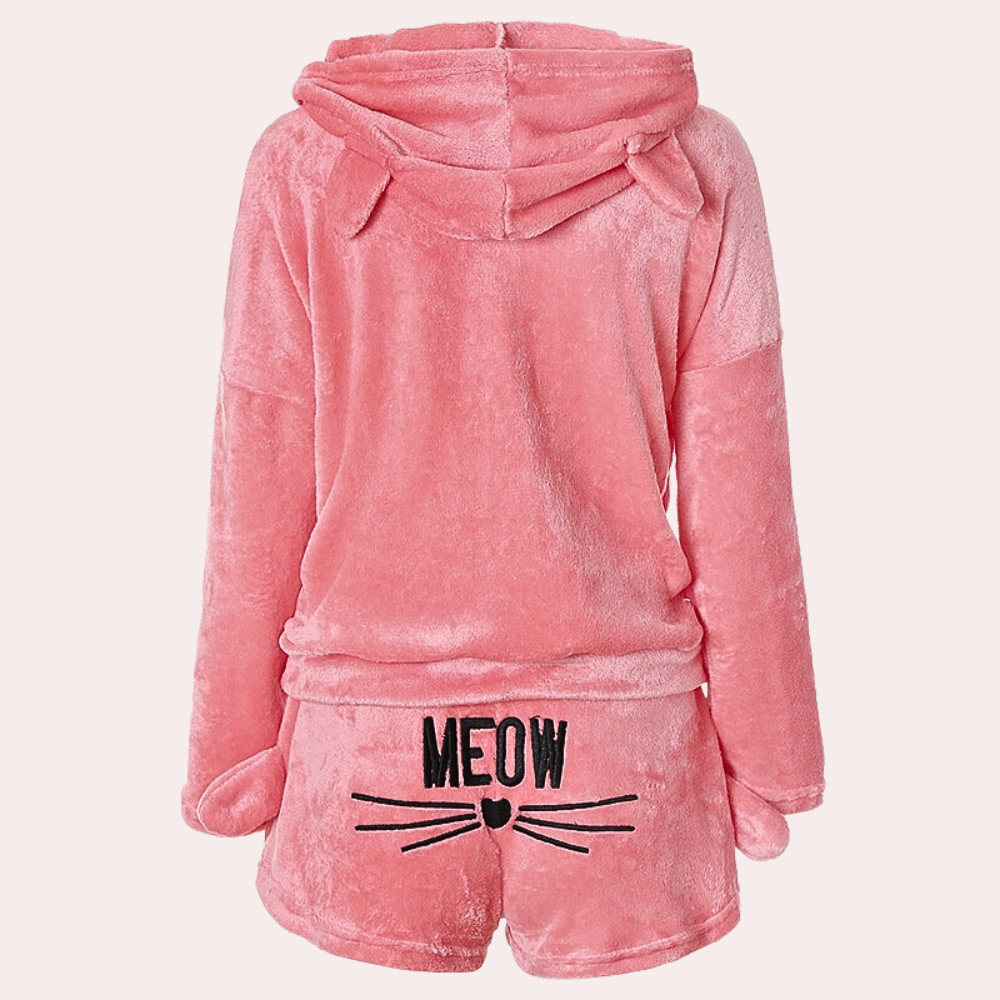 WW | Women's Pyjama Set with Hood & "Meow" Print - Fluffy Two-Piece for Autumn & Winter
