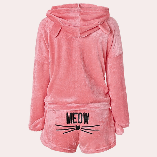 WW | Damen Pyjama-Set mit Kapuze & „Meow“-Print - Flauschiger Zweiteiler für Herbst & Winter