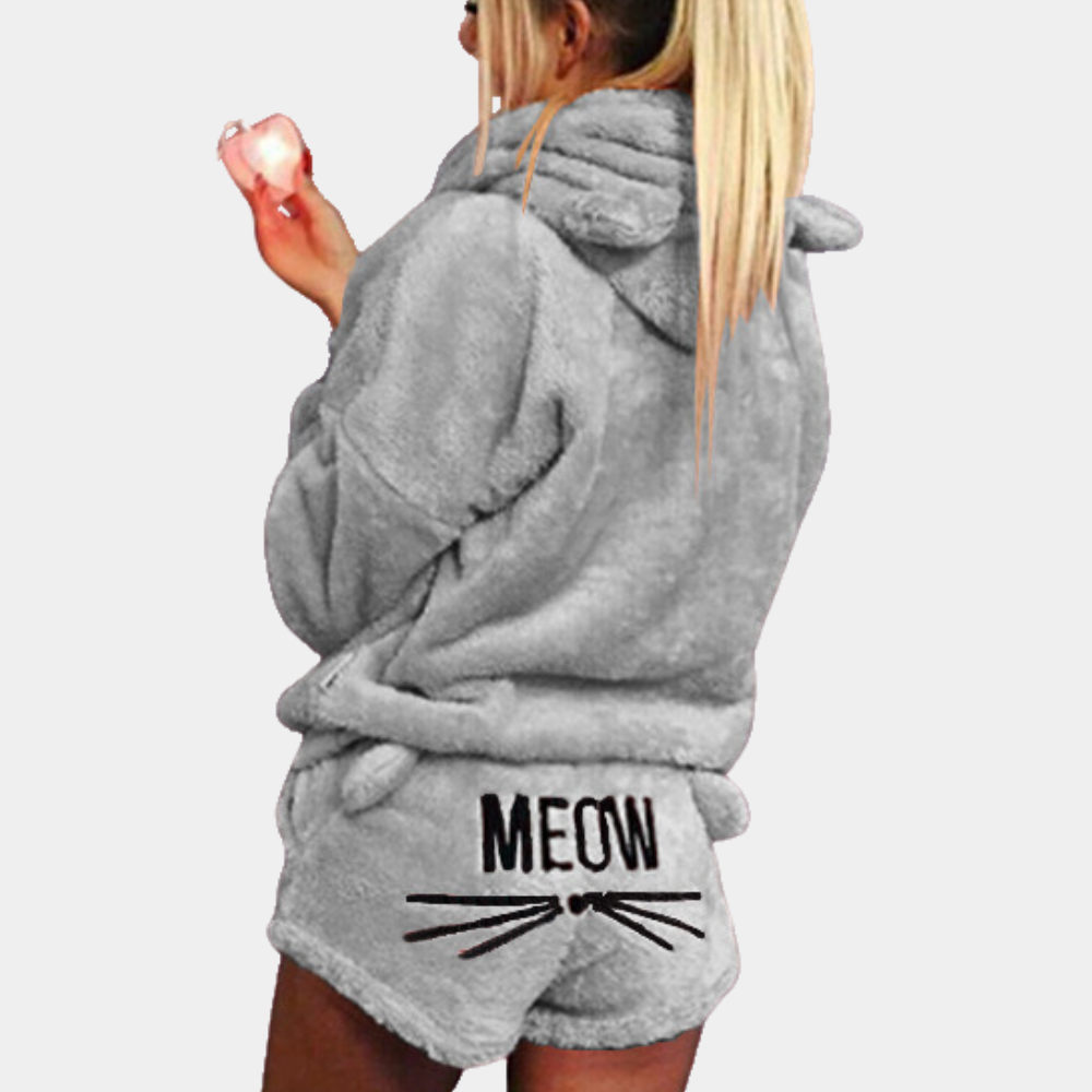 WW | Women's Pyjama Set with Hood & "Meow" Print - Fluffy Two-Piece for Autumn & Winter