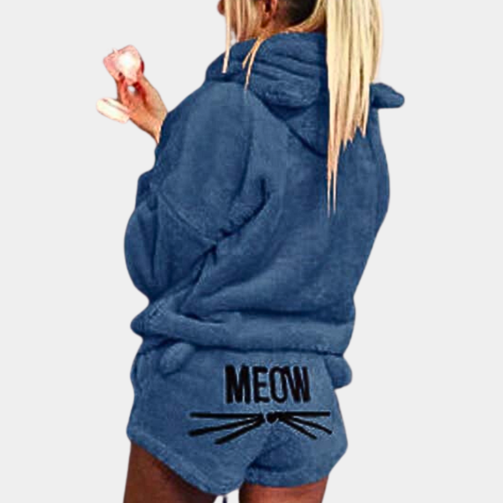 WW | Women's Pyjama Set with Hood & "Meow" Print - Fluffy Two-Piece for Autumn & Winter