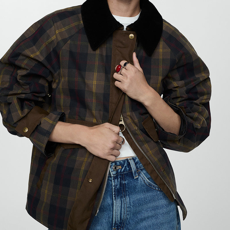 WW | Damen Warme Karierte Jacke mit Weichem Kunstfellkragen und Großen Taschen
