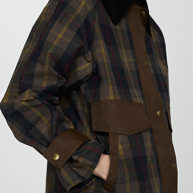 WW | Damen Warme Karierte Jacke mit Weichem Kunstfellkragen und Großen Taschen