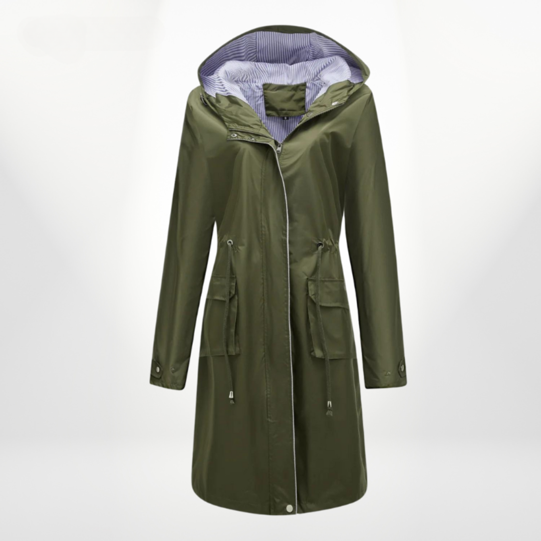 WW | Damen Lange Wasserdichte Regenjacke mit Kapuze und Taschen