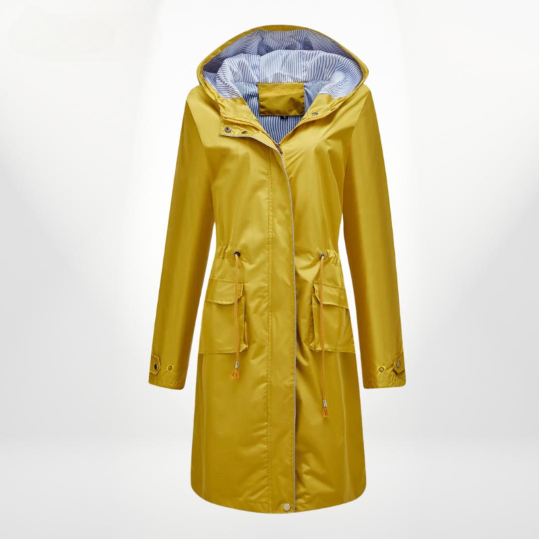 WW | Damen Lange Wasserdichte Regenjacke mit Kapuze und Taschen