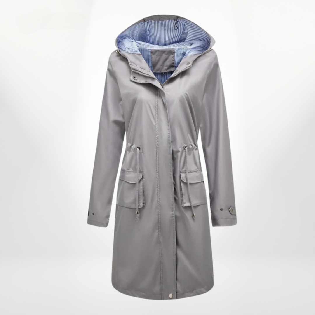 WW | Damen Lange Wasserdichte Regenjacke mit Kapuze und Taschen