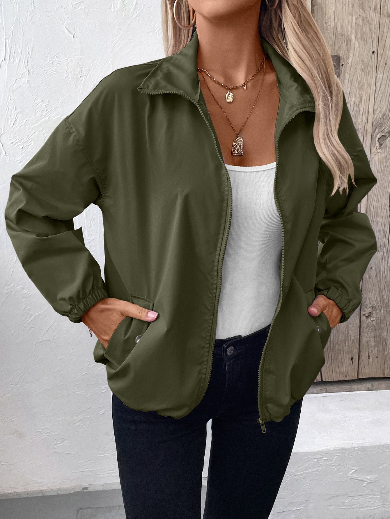 WW | Damen Wasserdichte Regenjacke mit Reißverschluss und Hohem Kragen