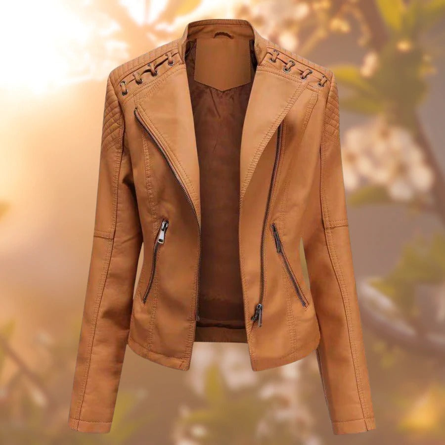 WW | Leather Jacket Asymmetrical Zipper Tailored Fit Stand-up Collar Slim Design