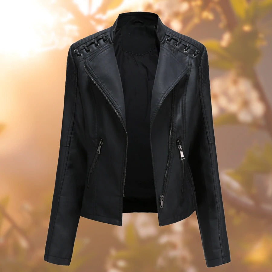 WW | Leather Jacket Asymmetrical Zipper Tailored Fit Stand-up Collar Slim Design