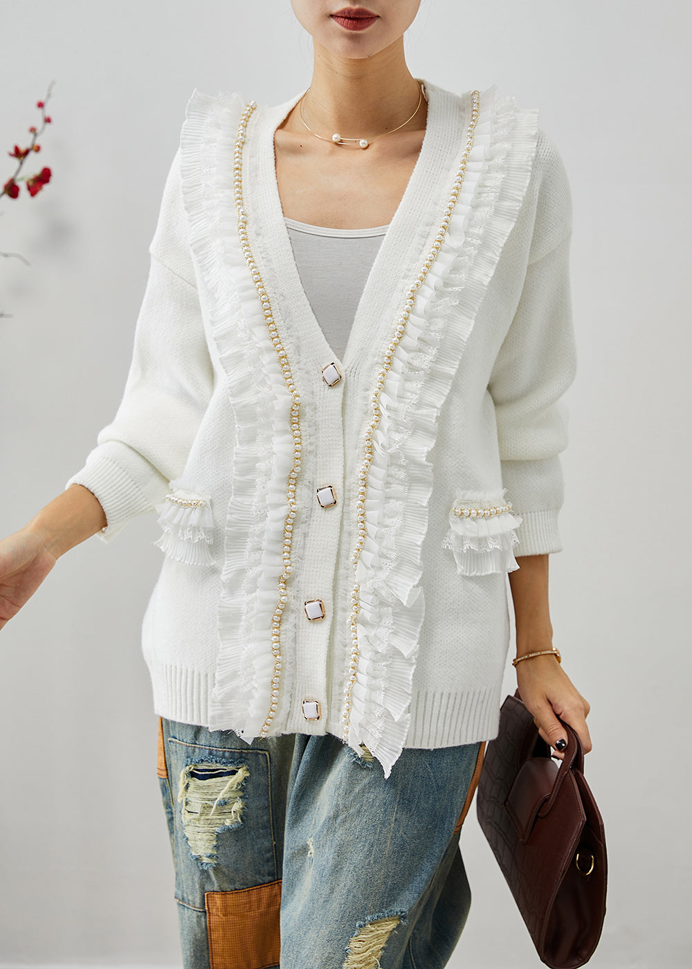 WW | Patchwork Knitted Cardigans Ruffle V-Neck