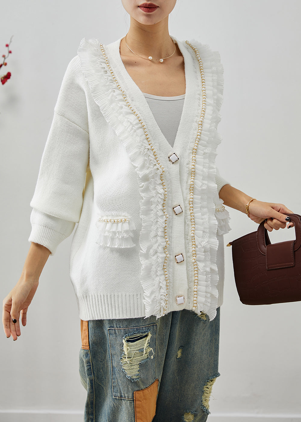 WW | Patchwork Knitted Cardigans Ruffle V-Neck