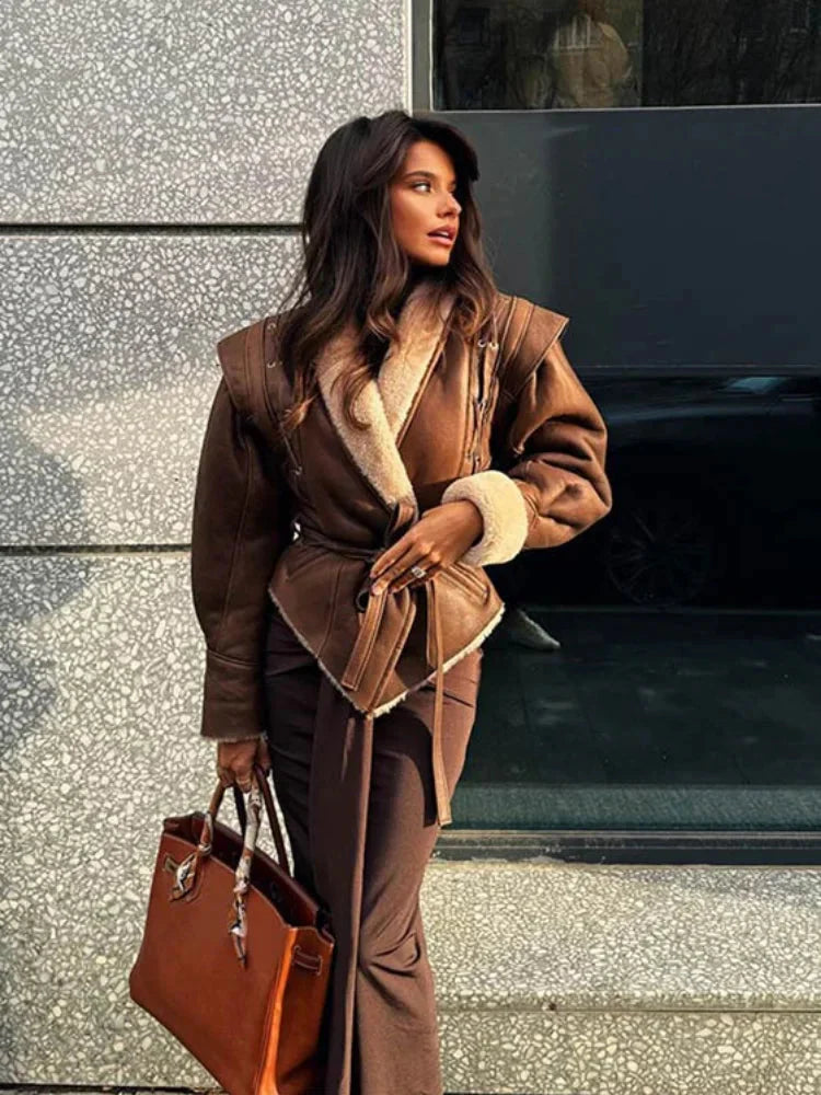 WW | Lederjacke Braun Gürtel Futter Aus Pelz Lederjacke Damen Lederjacke