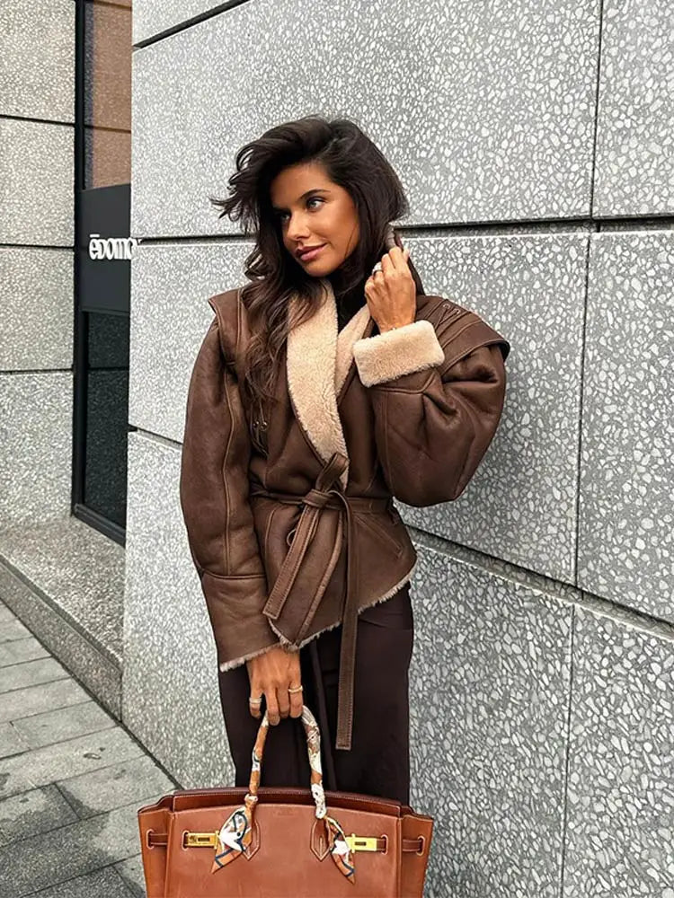 WW | Lederjacke Braun Gürtel Futter Aus Pelz Lederjacke Damen Lederjacke