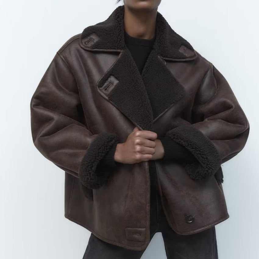 WW | Leather Jacket Teddy Lined Plus Size Fleece Leather Jacket Women's Leather Jacket