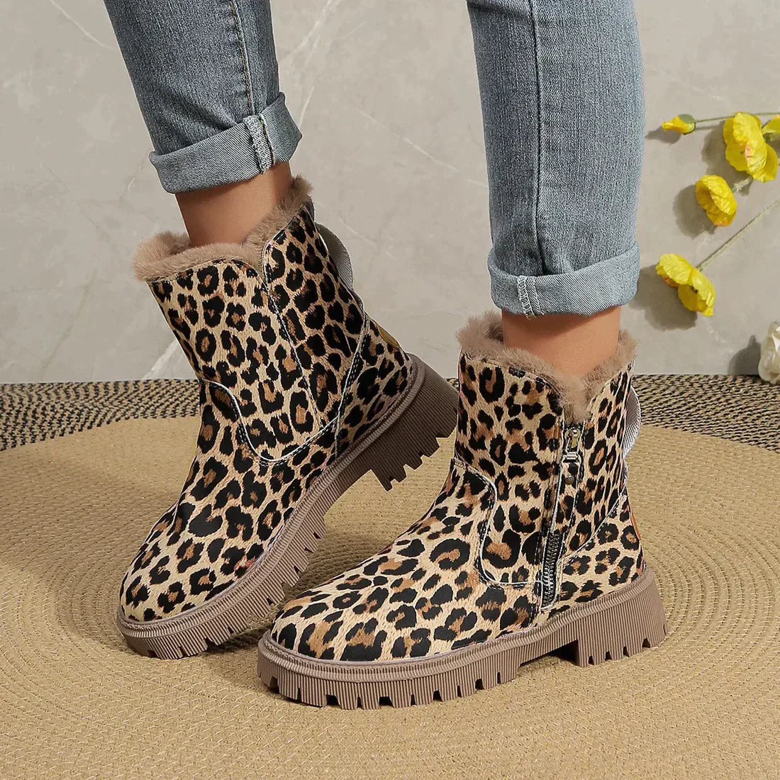 WW | Fashion Leopard Print Boots for Women - Winter Platform Shoes with Cozy Faux Fur Lining