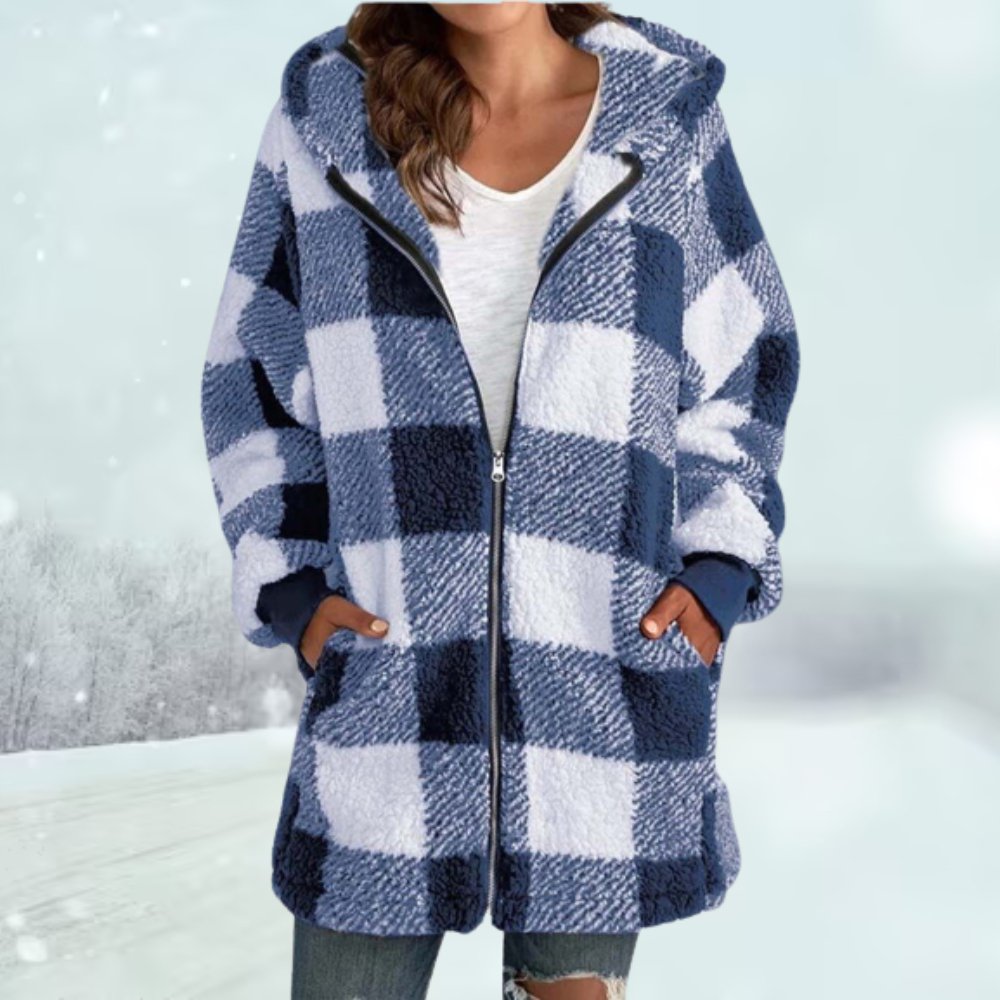 WW | Karierte Damenjacke mit Kapuze und Reißverschluss mittellanges Fleecejacke