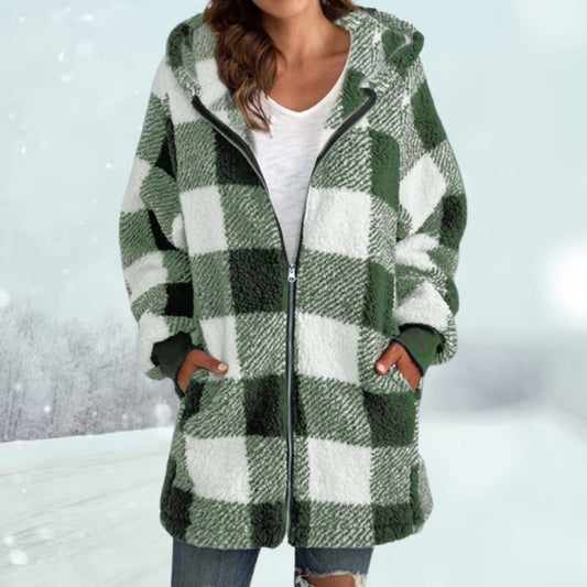 WW | Karierte Damenjacke mit Kapuze und Reißverschluss mittellanges Fleecejacke