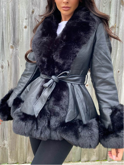 WW | Frauen Leder Pelzjacke mit Gürtel