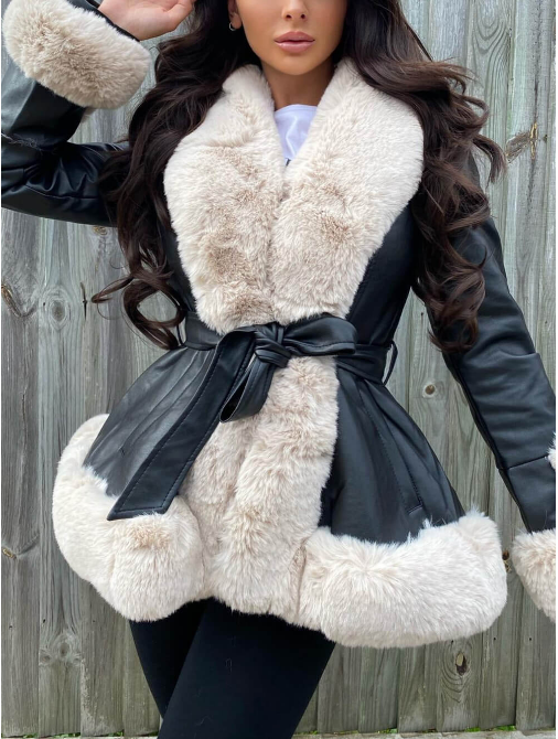 WW | Frauen Leder Pelzjacke mit Gürtel