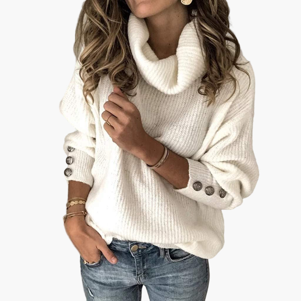 WW | Turtleneck Sweater with Button Details - Fashionable Casual Knit Sweater