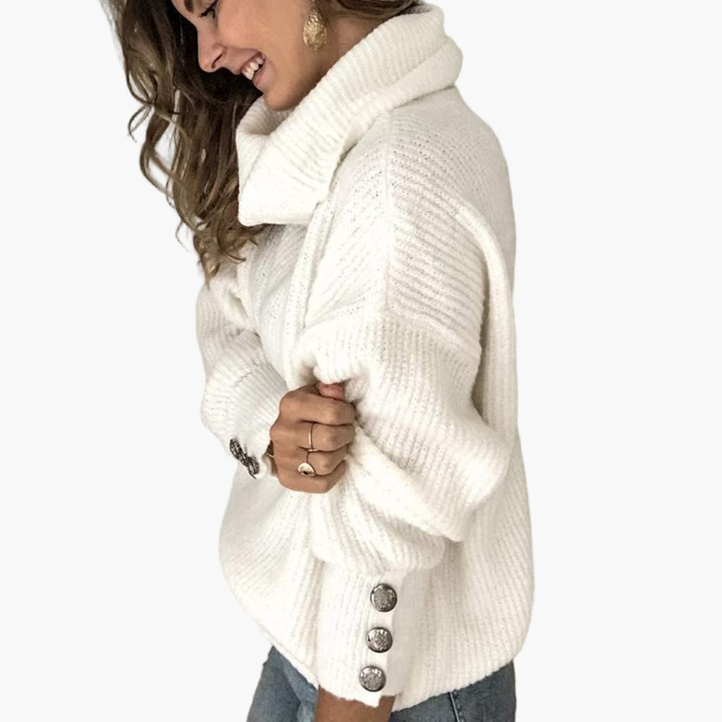 WW | Turtleneck Sweater with Button Details - Fashionable Casual Knit Sweater
