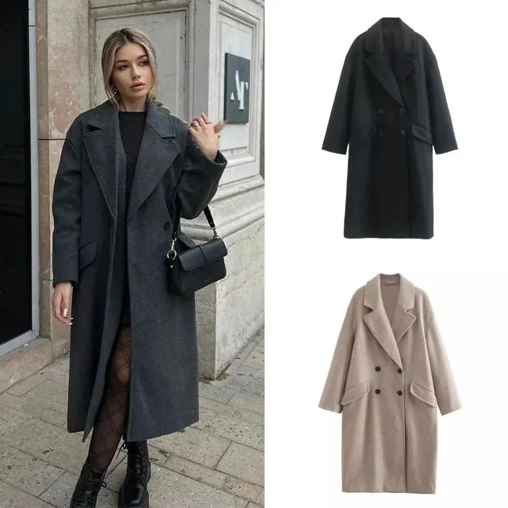 WW | Doppelreiher Übergrößen Langer Wollmantel Damen Winterjacken & Mäntel
