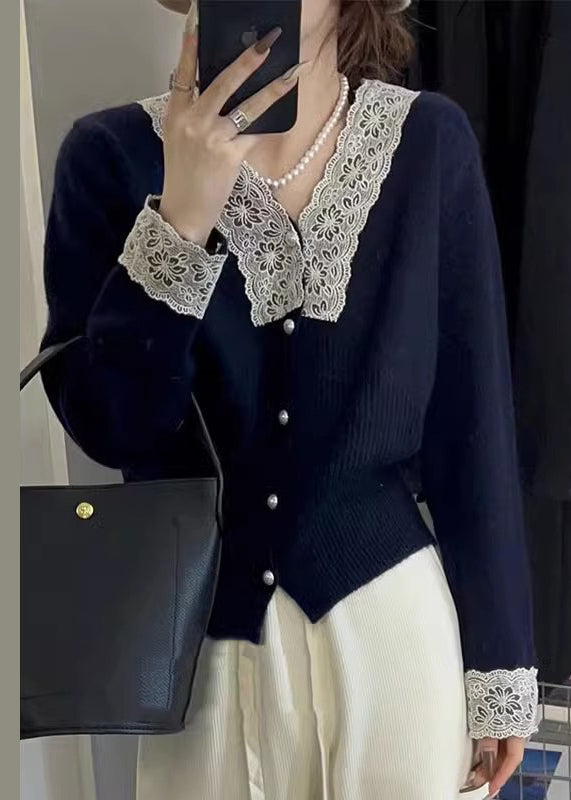 WW | Apricot Buttoned Lace Patchwork Cotton Knit Cardigans
