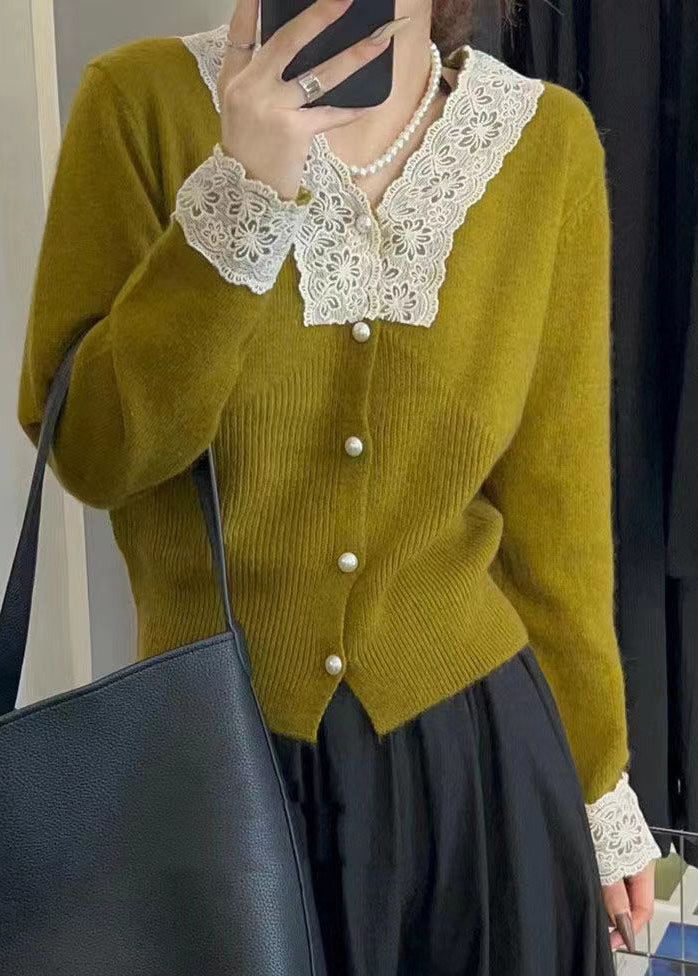WW | Apricot Buttoned Lace Patchwork Cotton Knit Cardigans