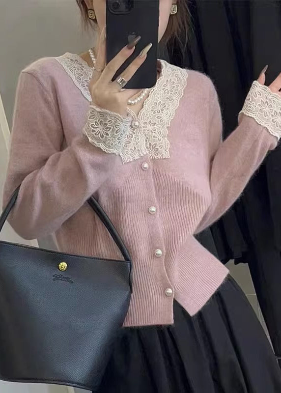 WW | Apricot Buttoned Lace Patchwork Cotton Knit Cardigans
