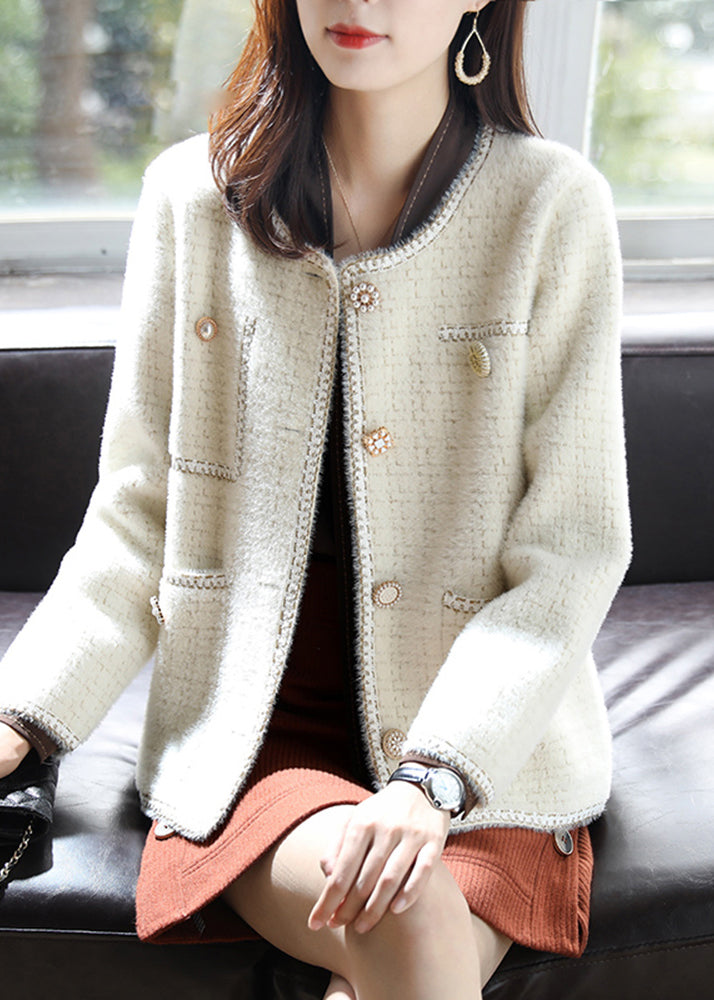 WW | Beige Scoop Neck Plaid Cotton Coats
