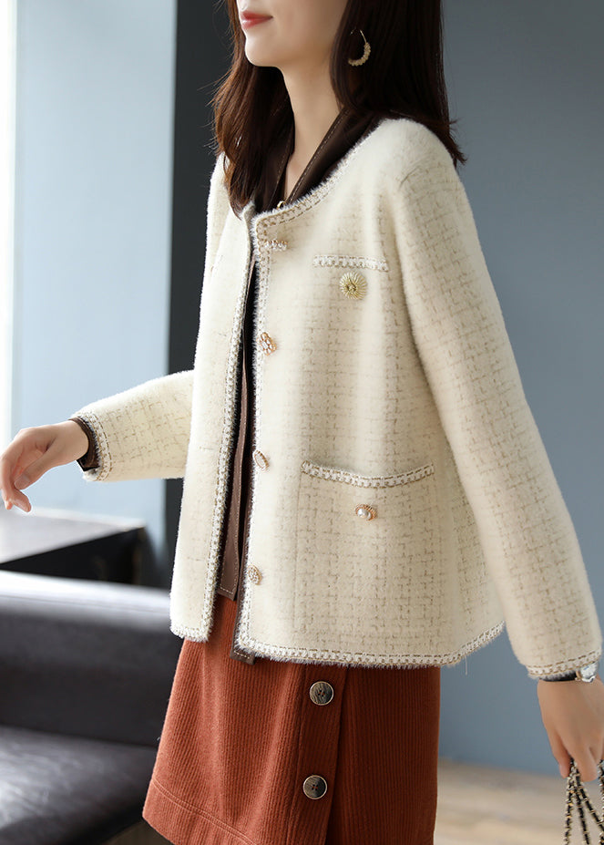WW | Beige Scoop Neck Plaid Cotton Coats