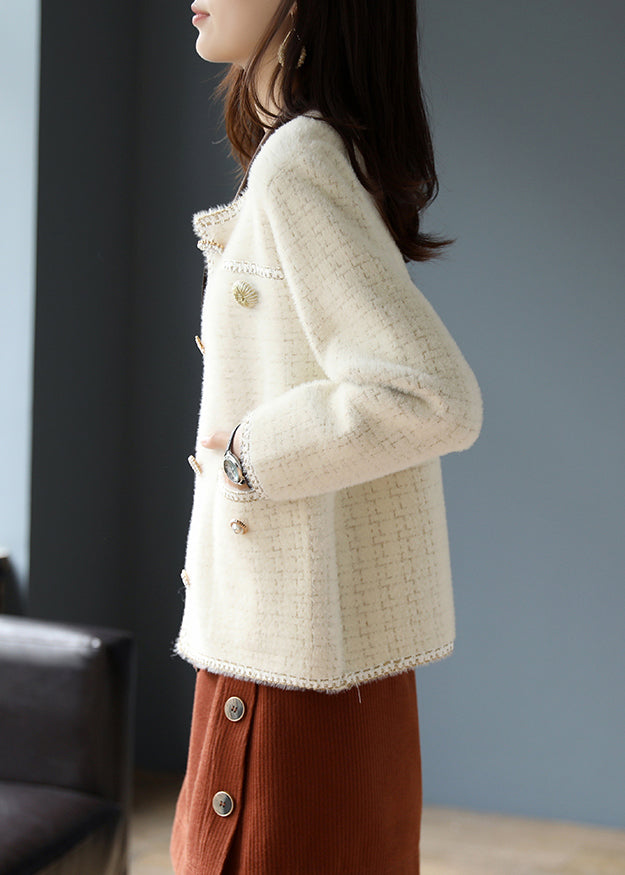 WW | Beige Scoop Neck Plaid Cotton Coats