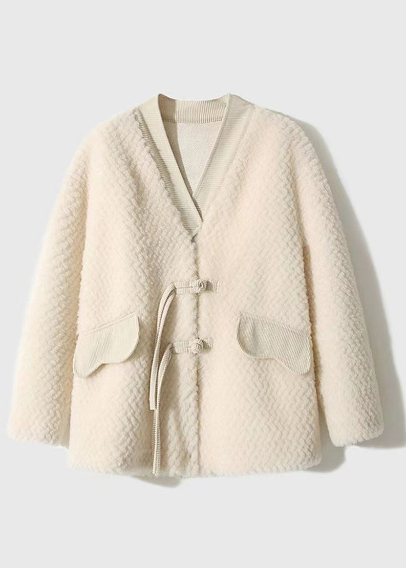 WW | Beige Tassel Chinese Button Patchwork Wool Coats Winter