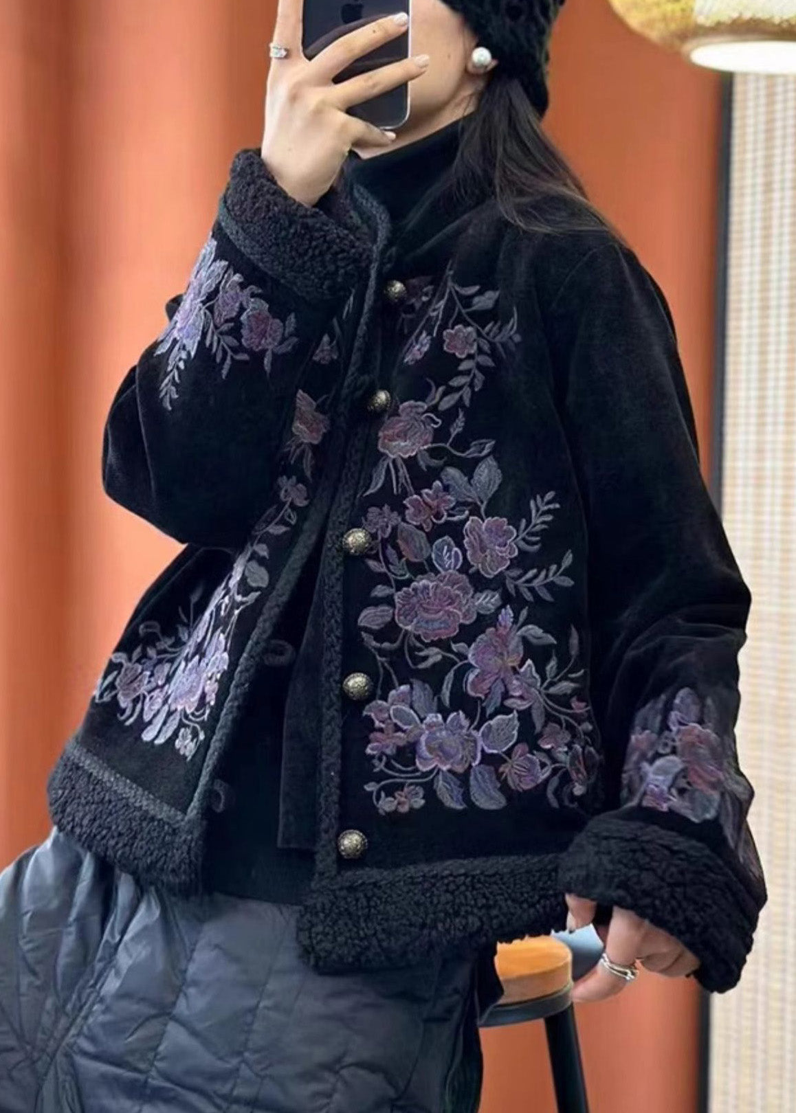 WW | Black Embroidered Button Cotton Padded Coats with Long Sleeves