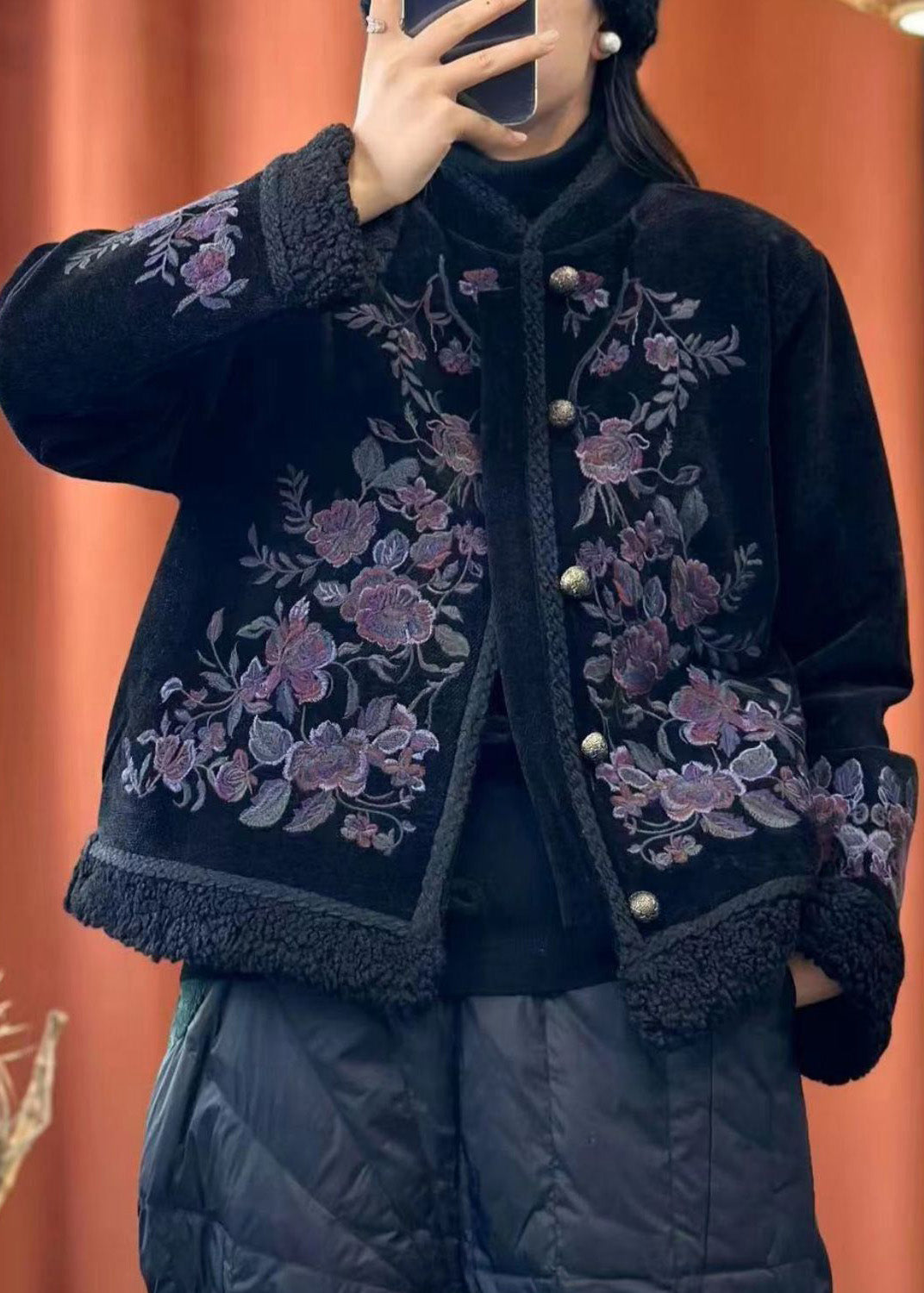 WW | Black Embroidered Button Cotton Padded Coats with Long Sleeves