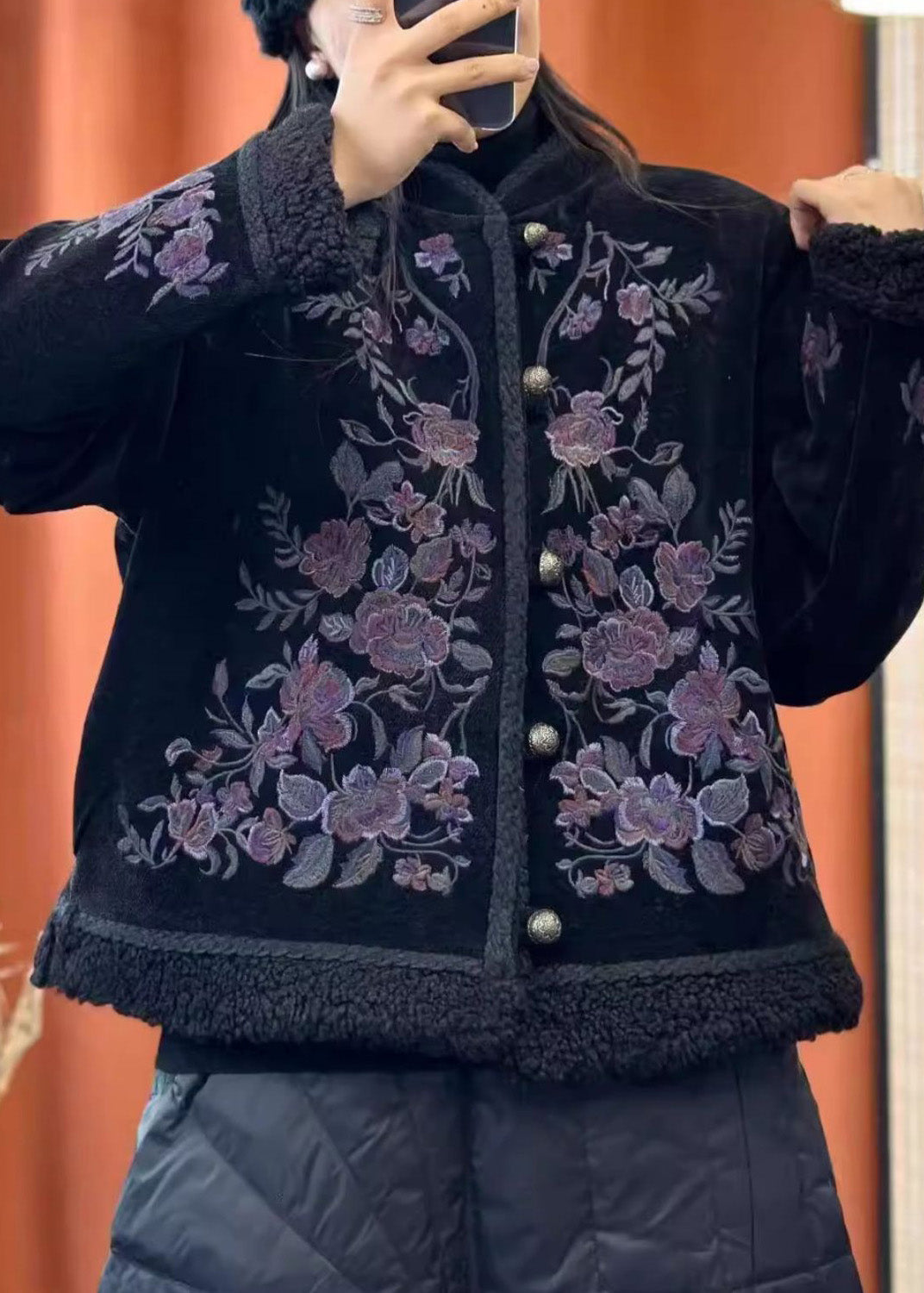 WW | Black Embroidered Button Cotton Padded Coats with Long Sleeves