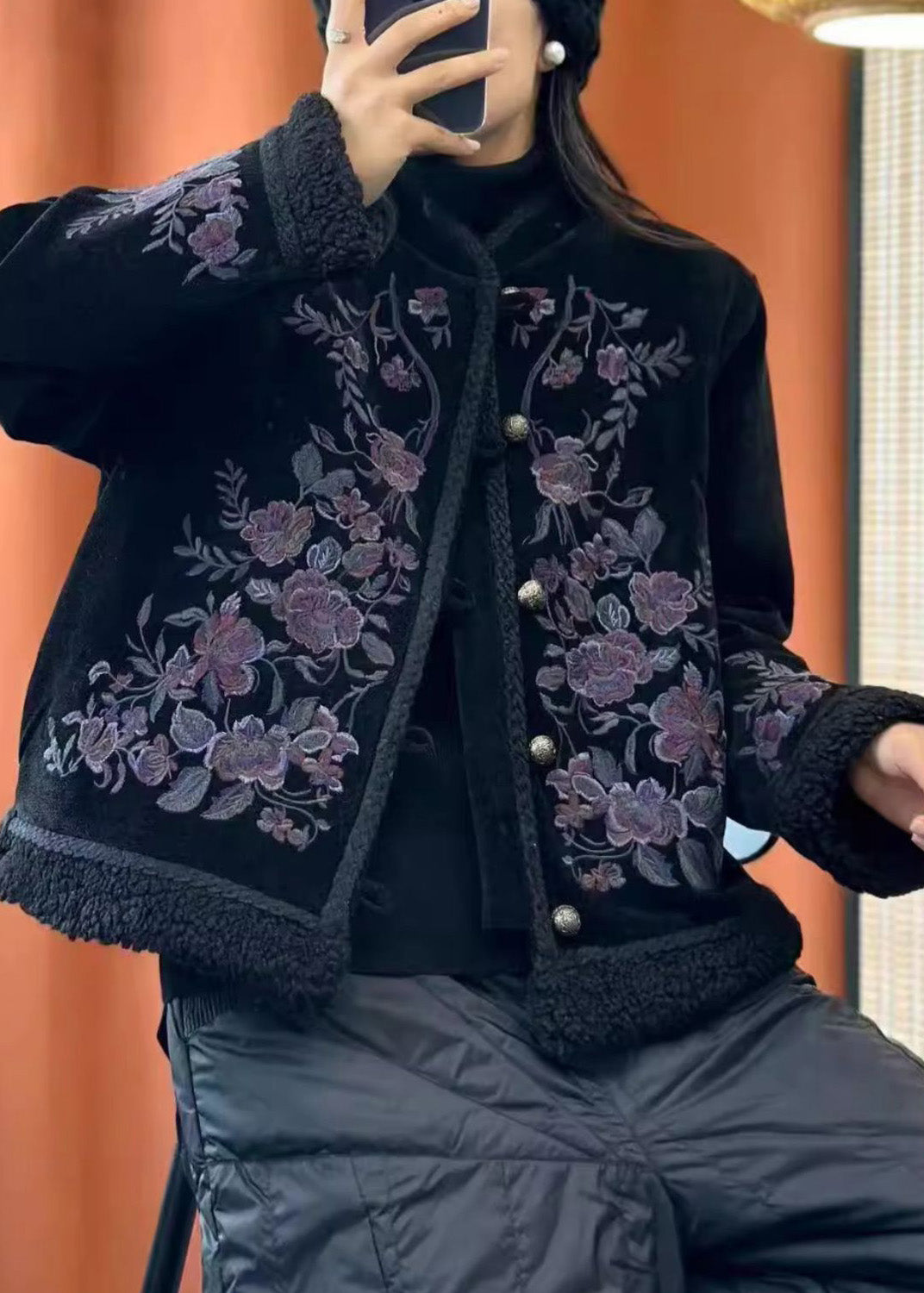 WW | Black Embroidered Button Cotton Padded Coats with Long Sleeves