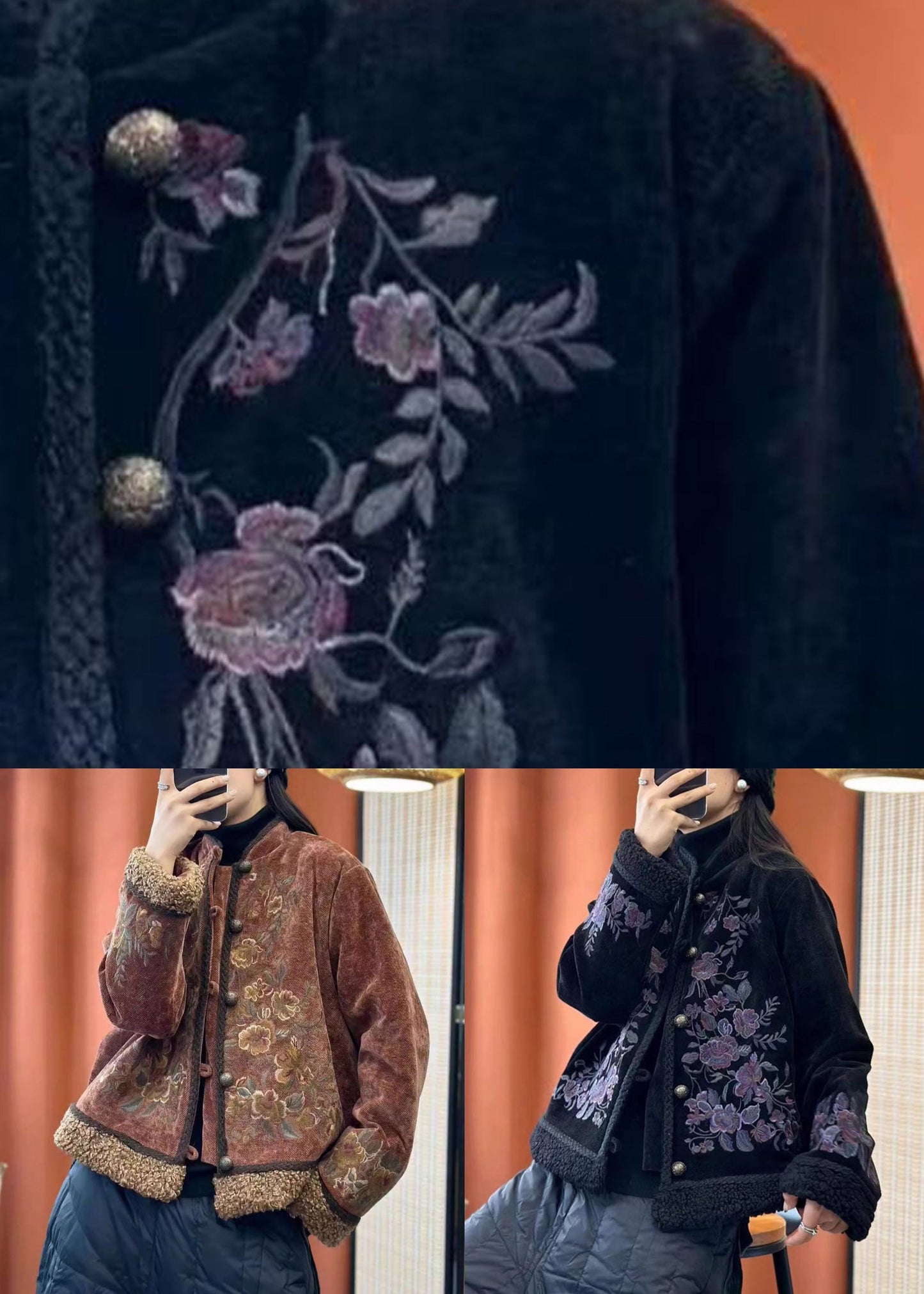 WW | Black Embroidered Button Cotton Padded Coats with Long Sleeves