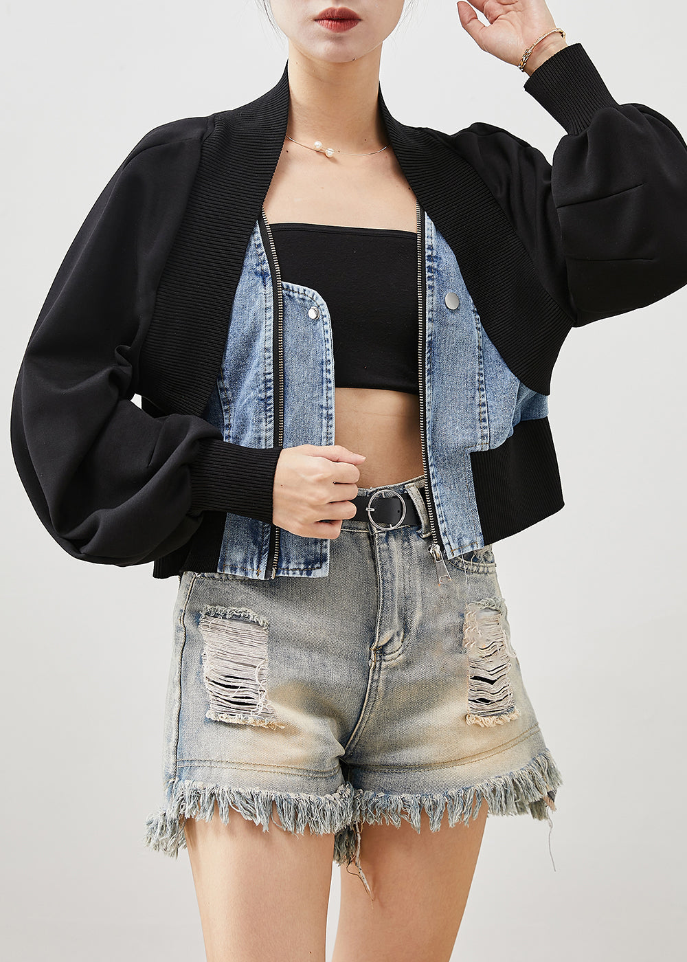 WW | Black Oversized Patchwork Denim Fake Two Piece Coats