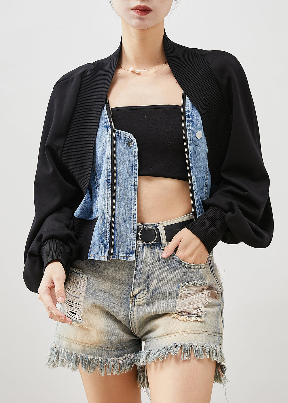 WW | Schwarze Übergroße Patchwork Denim Fake Zwei Stück Mäntel