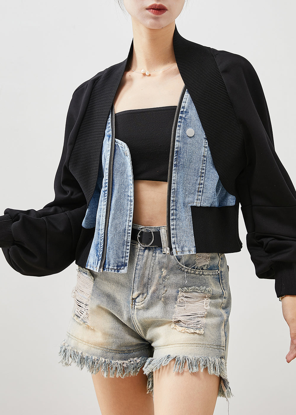 WW | Black Oversized Patchwork Denim Fake Two Piece Coats
