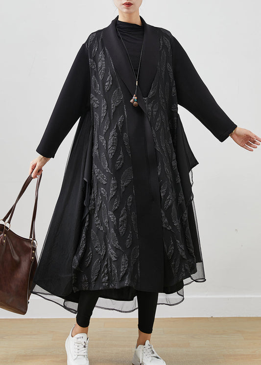 WW | Schwarze Übergroße Patchwork Jacquard Baumwoll-Trenchcoats