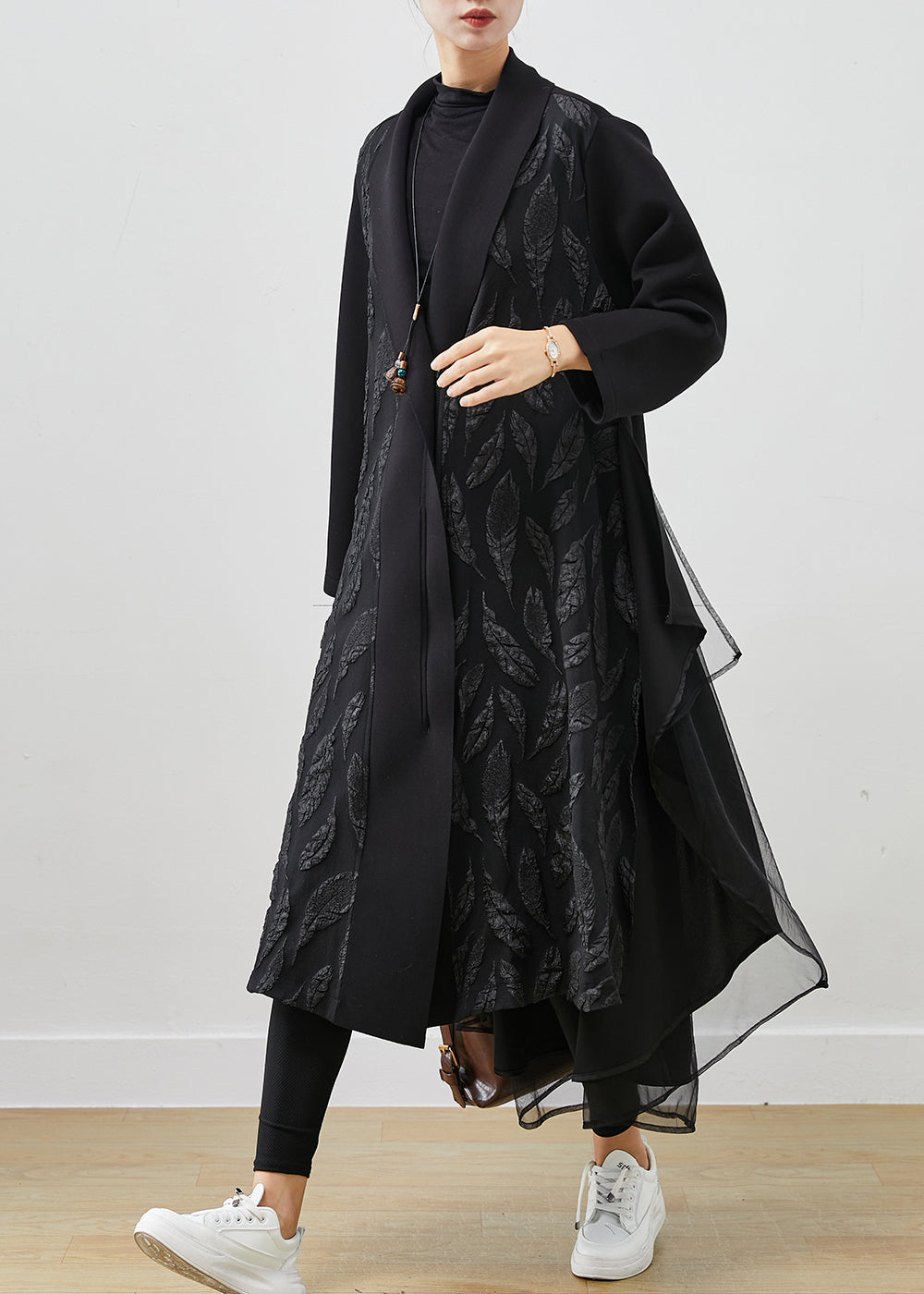 WW | Black Oversized Patchwork Jacquard Cotton Trench Coats