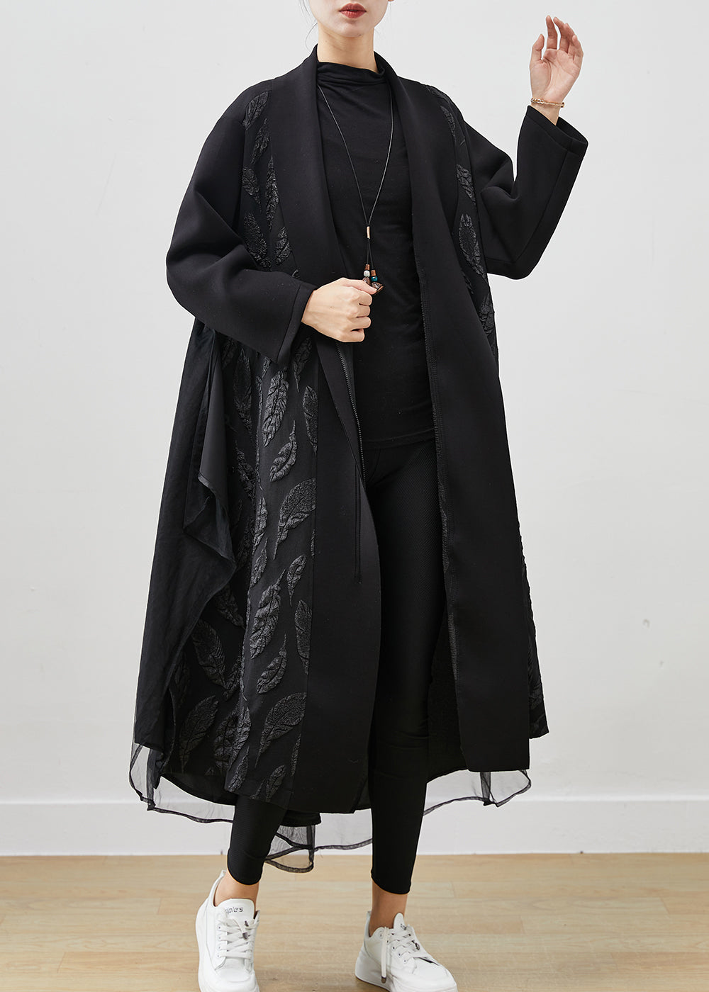 WW | Black Oversized Patchwork Jacquard Cotton Trench Coats