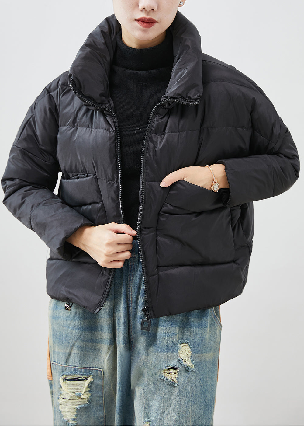 WW | Black Oversized Pockets Duck Down Jackets Winter
