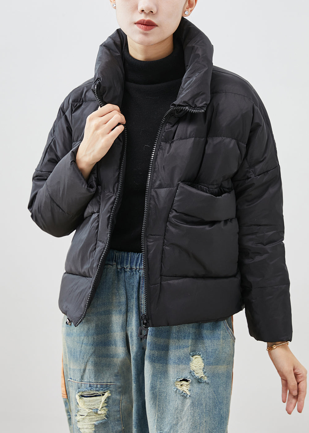 WW | Black Oversized Pockets Duck Down Jackets Winter