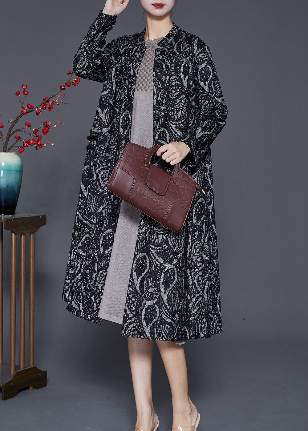 WW | Black Oversized Print Cotton Trench Coats