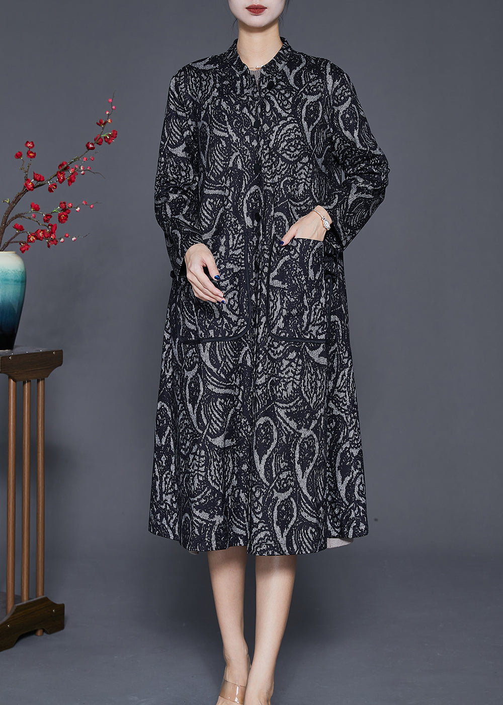 WW | Black Oversized Print Cotton Trench Coats